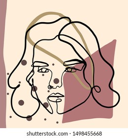 Abstract line continuous face. Contemporary drawing in modern minimalism style. Portrait of a woman face isolated on colorful pastel textures with shapes.