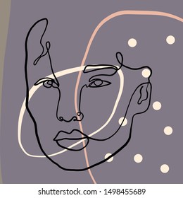 Abstrakte Linie durchgehendes Gesicht. Zeitgenössische Zeichnung im modernen Minimalismus-Stil. Portrait einer Frau Gesicht einzeln auf bunten pastellfarbenen Texturen mit Formen.