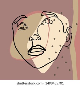 Abstract line continuous face. Contemporary drawing in modern minimalism style. Portrait of a woman face isolated on colorful pastel textures with shapes.