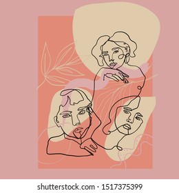 Abstract line continuous face. Contemporary drawing in modern cubism style. Portrait of a woman face isolated on colorful pastel textures with shapes.

