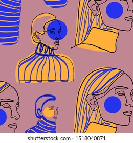 Abstract line continuous face. Contemporary drawing in modern cubism style. Portrait of a woman face isolated on colorful textures with shapes.