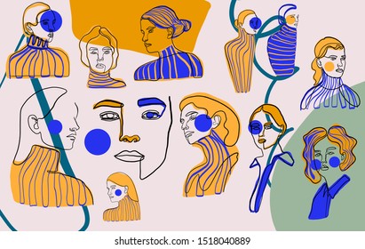 Abstract line continuous face. Contemporary drawing in modern cubism style. Portrait of a woman face isolated on colorful textures with shapes.