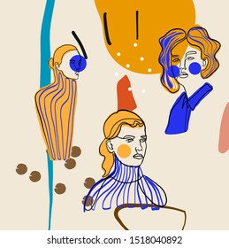Abstract line continuous face. Contemporary drawing in modern cubism style. Portrait of a woman face isolated on colorful textures with shapes.