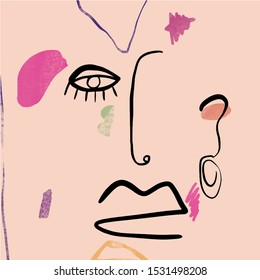 Abstract line continuous face. Contemporary drawing in modern cubism style. Portrait of a woman face isolated on colorful pastel textures with shapes.
