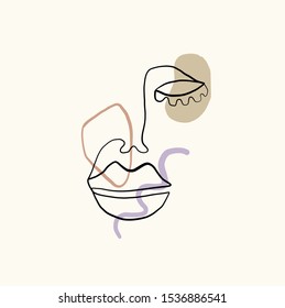 Abstract line continuous face. Contemporary drawing in modern cubism style. Portrait of a woman face isolated on colorful pastel textures with shapes.
