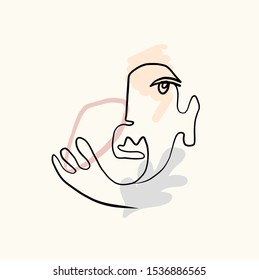 Abstract line continuous face. Contemporary drawing in modern cubism style. Portrait of a woman face isolated on colorful pastel textures with shapes.
