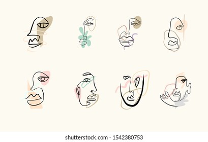 Abstract line continuous face. Contemporary drawing in modern cubism style. Portrait of a woman face isolated on colorful pastel textures with shapes.
