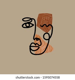 Abstract line continuous face. Contemporary drawing in modern cubism style. 