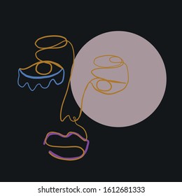 Abstract line continuous face. Contemporary drawing in modern cubism style. Portrait of a woman face isolated on colorful pastel textures with shapes.
