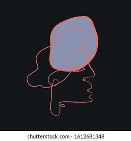 Abstract line continuous face. Contemporary drawing in modern cubism style. Portrait of a woman face isolated on colorful pastel textures with shapes.
