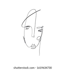 Abstract line continuous face. Contemporary drawing in modern cubism style. Portrait of a woman face isolated on colorful pastel textures with shapes.
