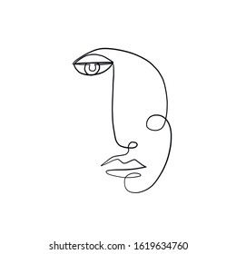 Abstract line continuous face. Contemporary drawing in modern cubism style. Portrait of a woman face isolated on colorful pastel textures with shapes.
