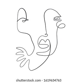 Abstract line continuous face. Contemporary drawing in modern cubism style. Portrait of a woman face isolated on colorful pastel textures with shapes.
