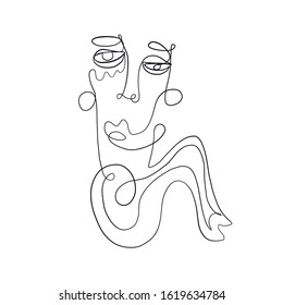 Abstract line continuous face. Contemporary drawing in modern cubism style. Portrait of a woman face isolated on colorful pastel textures with shapes.
