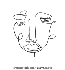 Abstract line continuous face. Contemporary drawing in modern cubism style. Portrait of a woman face isolated on colorful pastel textures with shapes.
