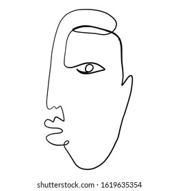 Abstract line continuous face. Contemporary drawing in modern cubism style. Portrait of a woman face isolated on colorful pastel textures with shapes.
