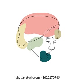Abstract line continuous face. Contemporary drawing in modern cubism style. Portrait of a woman face isolated on colorful pastel textures with shapes.
