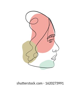 Abstract line continuous face. Contemporary drawing in modern cubism style. Portrait of a woman face isolated on colorful pastel textures with shapes.
