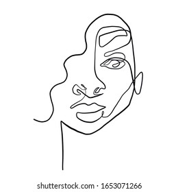 Abstract line continuous face. Contemporary drawing in modern cubism style. Portrait of a woman or man in trendy minimalism vector. 