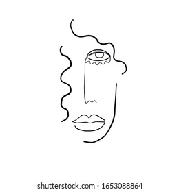 Abstract line continuous face. Contemporary drawing in modern cubism style. Portrait of a woman face isolated on colorful pastel textures with shapes.  