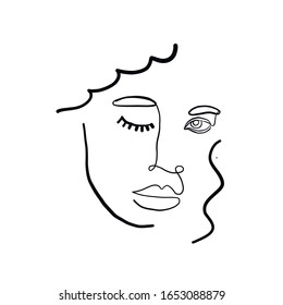 Abstract line continuous face. Contemporary drawing in modern cubism style. Portrait of a woman face isolated on colorful pastel textures with shapes.  