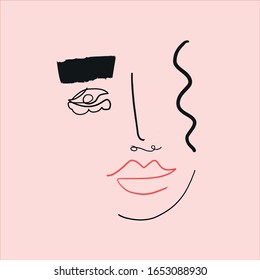 Cara continua en línea abstracta. Dibujo contemporáneo al estilo cubista moderno. Retrato de una mujer aislada en coloridas texturas pastel con formas.  