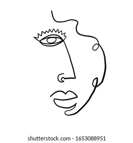 Abstract line continuous face. Contemporary drawing in modern cubism style. Portrait of a woman face isolated on colorful pastel textures with shapes.  