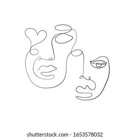 Abstract line continuous face. Contemporary drawing in modern cubism style. Portrait of a woman face isolated on colorful pastel textures with shapes.  