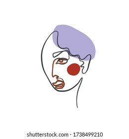 Resumen de la línea de cara continua. Dibujo contemporáneo al estilo cubista moderno. Retrato de la cara de una mujer aislada en coloridas texturas pastel con formas.  