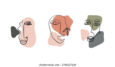 Resumen de la línea de cara continua. Dibujo contemporáneo al estilo cubista moderno. Retrato de la cara de una mujer aislada en coloridas texturas pastel con formas.  