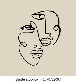 Abstract line continuous face. Contemporary drawing in modern cubism style. Portrait of a woman face isolated on colorful pastel textures with shapes.