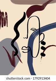 Abstract line continuous face. Contemporary drawing in modern cubism style. Portrait of a woman face isolated on colorful pastel textures with shapes.
