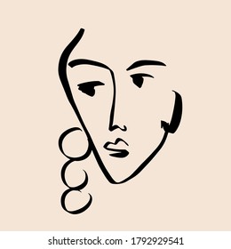Abstract line continuous face. Contemporary drawing in modern cubism style. Portrait of a woman face isolated on colorful pastel textures with shapes.
