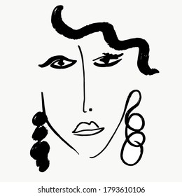 Abstract line continuous face. Contemporary drawing in modern cubism style. Portrait of a woman face isolated on colorful pastel textures with shapes.