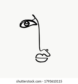 Abstrakte Linie durchgehendes Gesicht. Zeitgenössische Zeichnung im modernen Kubismus-Stil. Portrait einer Frau Gesicht einzeln auf bunten pastellfarbenen Texturen mit Formen.
