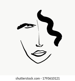 Abstract line continuous face. Contemporary drawing in modern cubism style. Portrait of a woman face isolated on colorful pastel textures with shapes.
