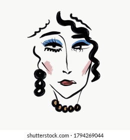 Abstract line continuous face. Contemporary drawing in modern cubism style. Portrait of a woman face isolated on colorful pastel textures with shapes.
