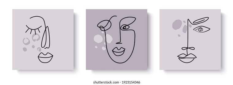 Abstract line continuous face. Contemporary set portraits in modern cubism style. Pastel textures with shapes.