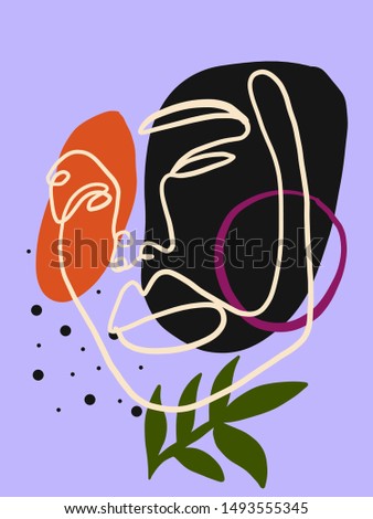 Abstract line continuous face. Contemporary composition in modern cubism style. Portrait of a woman face isolated on colorful pastel textures with shapes.