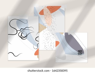 Abstract line continuous face. Portrait of a woman face on organic pastel textures with shapes and lines. Contemporary composition in modern cubism art style. Wall art mock up with shadow overlay.