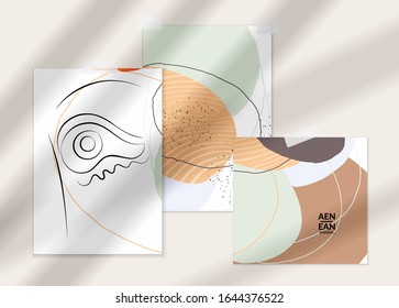 Abstract line continuous face. Portrait of a woman face on organic pastel textures with shapes and lines. Contemporary composition in modern cubism art style. Wall art mock up with shadow overlay.