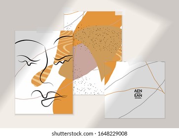 Abstract line continuous face. Portrait of a woman face on organic pastel textures with shapes and lines. Contemporary composition in modern cubism art style. Wall art mock up with shadow overlay.