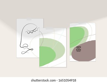 Cara continua en línea abstracta. Retrato de una mujer sobre texturas orgánicas pastel con formas y líneas. Composición contemporánea en estilo moderno cubismo. El arte mural se burla de la sombra.
