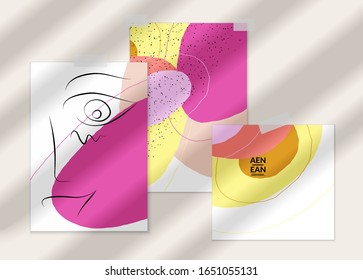 Abstract line continuous face. Portrait of a woman face on organic pastel textures with shapes and lines. Contemporary composition in modern cubism art style. Wall art mock up with shadow overlay.