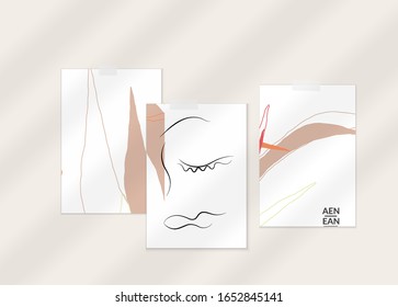 Abstract line continuous face. Portrait of a woman face on organic pastel textures with shapes and lines. Contemporary composition in modern cubism art style. Wall art mock up with shadow overlay.
