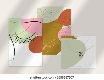 Abstract line continuous face. Portrait of a woman face on organic pastel textures with shapes and lines. Contemporary composition in modern cubism art style. Wall art mock up with shadow overlay.