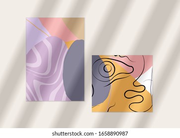 Abstract line continuous face. Portrait of a woman face on organic pastel textures with shapes and lines. Contemporary composition in modern cubism art style. Wall art mock up with shadow overlay.