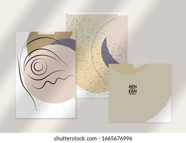 Abstract line continuous face. Portrait of a woman face on organic pastel textures with shapes and lines. Contemporary composition in modern cubism art style. Wall art mock up with shadow overlay.