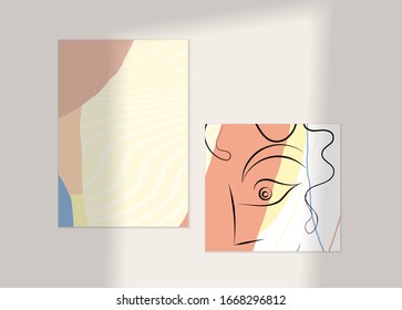 Cara continua en línea abstracta. Retrato de una mujer sobre texturas orgánicas pastel con formas y líneas. Composición contemporánea en estilo moderno cubismo. El arte mural se burla de la sombra.