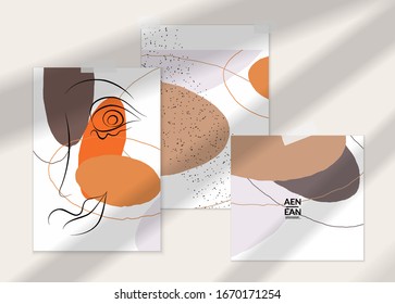 Abstract line continuous face. Portrait of a woman face on organic pastel textures with shapes and lines. Contemporary composition in modern cubism art style. Wall art mock up with shadow overlay.